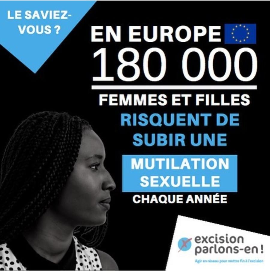 Affiche de sensibilisation sur les MSF : Le saviez-vous ? En Europe, 180 000 femmes et filles risquent de subir une Mutilation Sexuelle chaque année